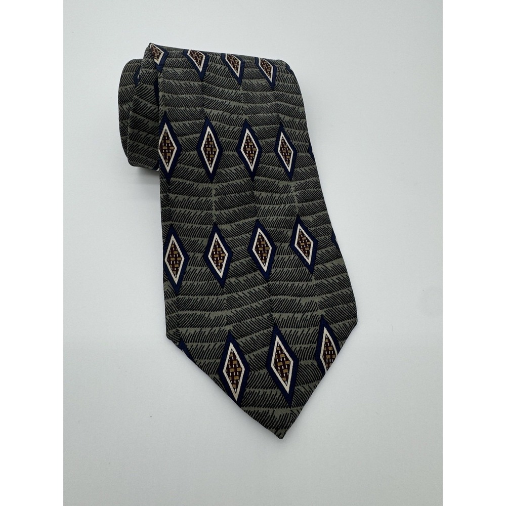 Robert Stewart Silk Tie Gray Blue Geometric Diamond‎ Pattern Classic Necktie